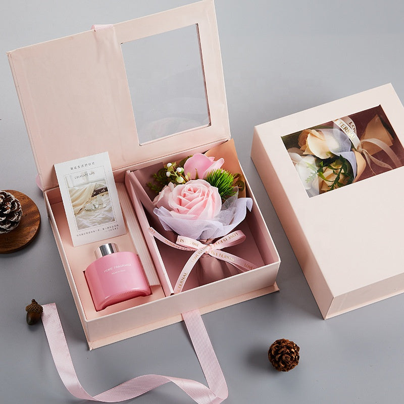 Delicate Life Luxury Home Fragrance Gift Box Set with Rose Bouquet, Reed Diffuser, Aromatherapy Oil, Elegant Presentation Box for Birthday, Christmas, Housewarming