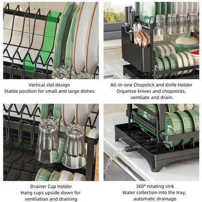 2-Tier Dish Drying Rack with 360° Rotating Drainer Board, Large Capacity Dish Drainer with Cutlery Utensil Rack & Holders for Kitchen Storage & Organisation