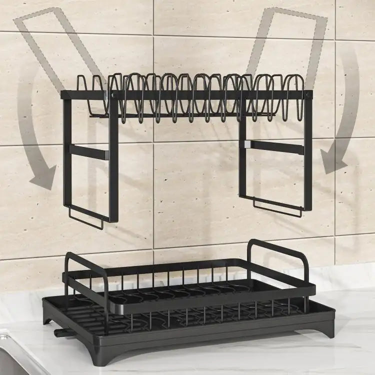 2-Tier Dish Drying Rack with 360° Rotating Drainer Board, Large Capacity Dish Drainer with Cutlery Utensil Rack & Holders for Kitchen Storage & Organisation