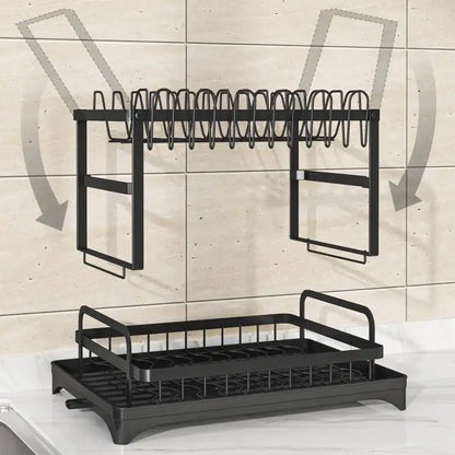 2-Tier Dish Drying Rack with 360° Rotating Drainer Board, Large Capacity Dish Drainer with Cutlery Utensil Rack & Holders for Kitchen Storage & Organisation
