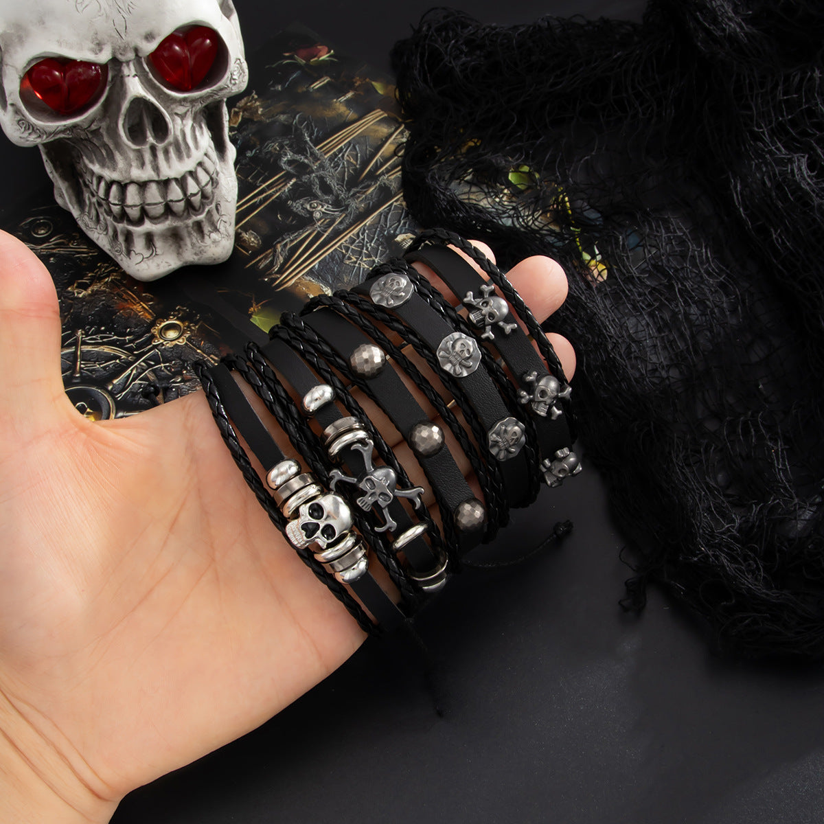 Men’s Skull Bracelet Set (5 Pack) – Multi-Layer Braided Leather Wristbands, Adjustable Goth Punk Rock Jewelry Gift for Him