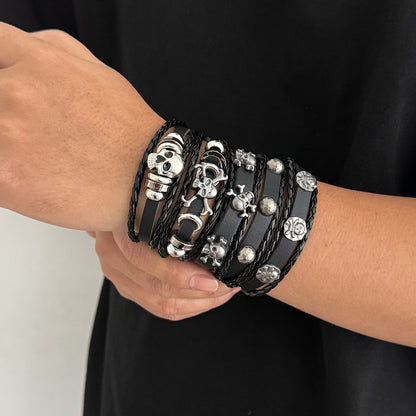 Men’s Skull Bracelet Set (5 Pack) – Multi-Layer Braided Leather Wristbands, Adjustable Goth Punk Rock Jewelry Gift for Him
