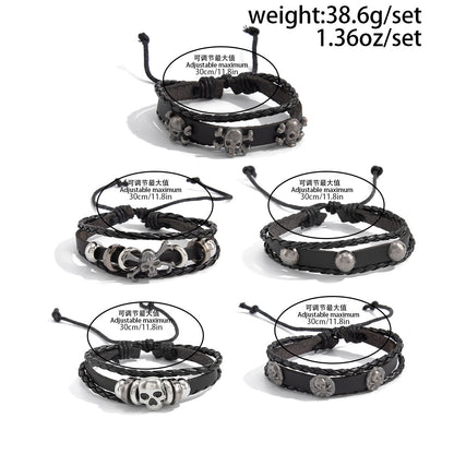 Men’s Skull Bracelet Set (5 Pack) – Multi-Layer Braided Leather Wristbands, Adjustable Goth Punk Rock Jewelry Gift for Him