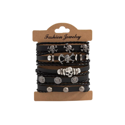 Men’s Skull Bracelet Set (5 Pack) – Multi-Layer Braided Leather Wristbands, Adjustable Goth Punk Rock Jewelry Gift for Him