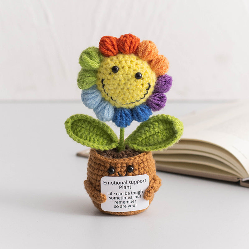 Handmade Crochet Sunflower Emotional Support Plush, Decorative Potted Plant Design with Inspirational Message