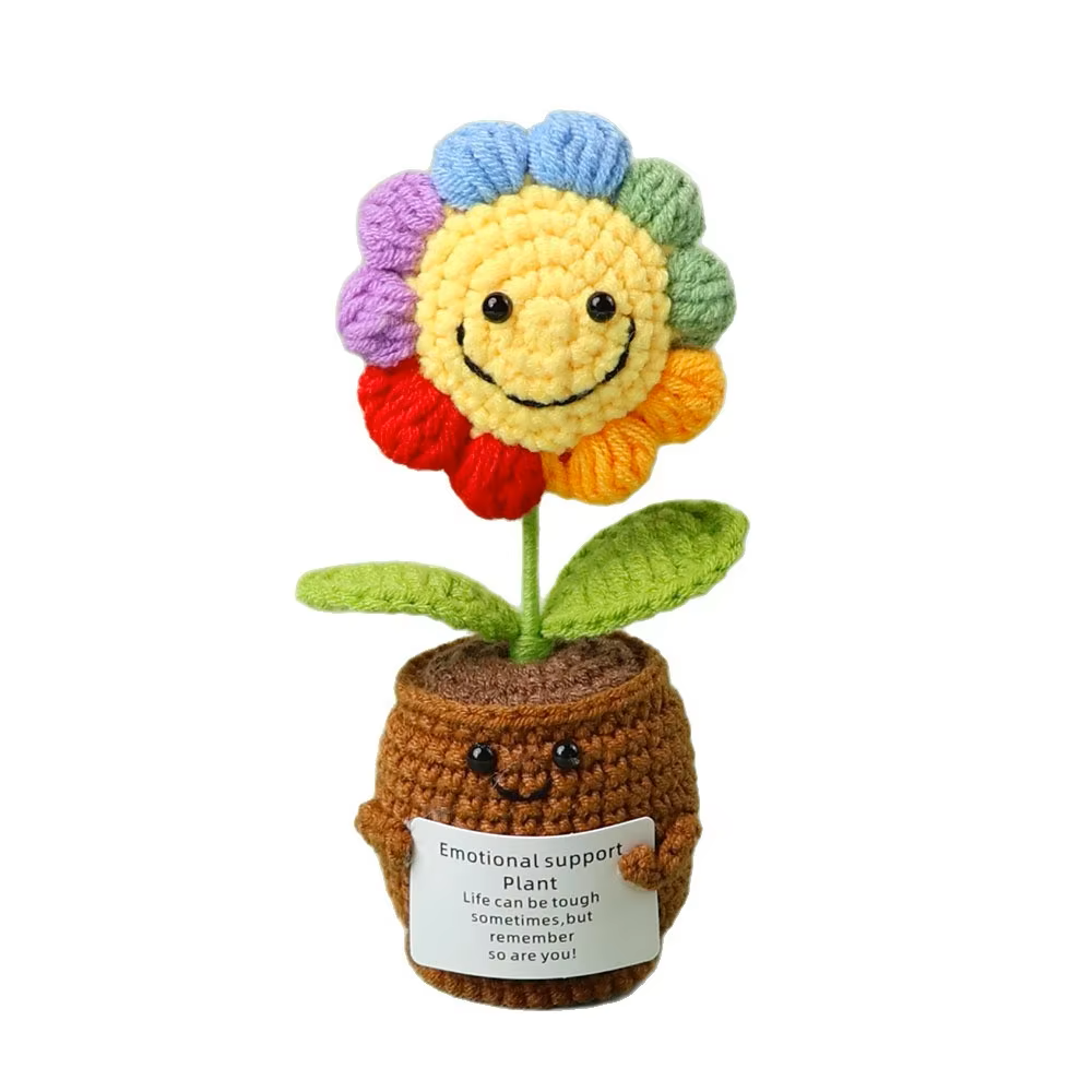 Handmade Crochet Sunflower Emotional Support Plush, Decorative Potted Plant Design with Inspirational Message