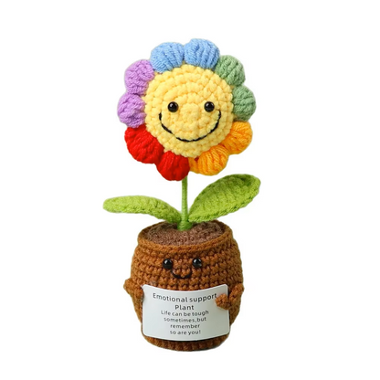 Handmade Crochet Sunflower Emotional Support Plush, Decorative Potted Plant Design with Inspirational Message