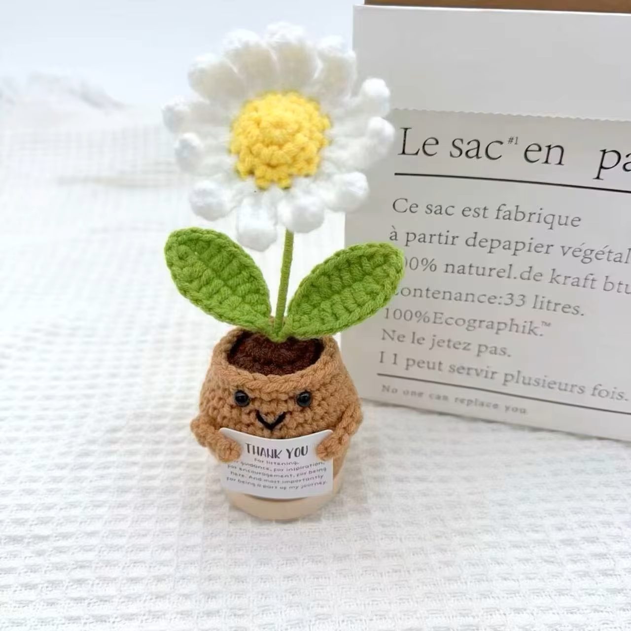 Handmade Crochet Sunflower Emotional Support Plush, Decorative Potted Plant Design with Inspirational Message