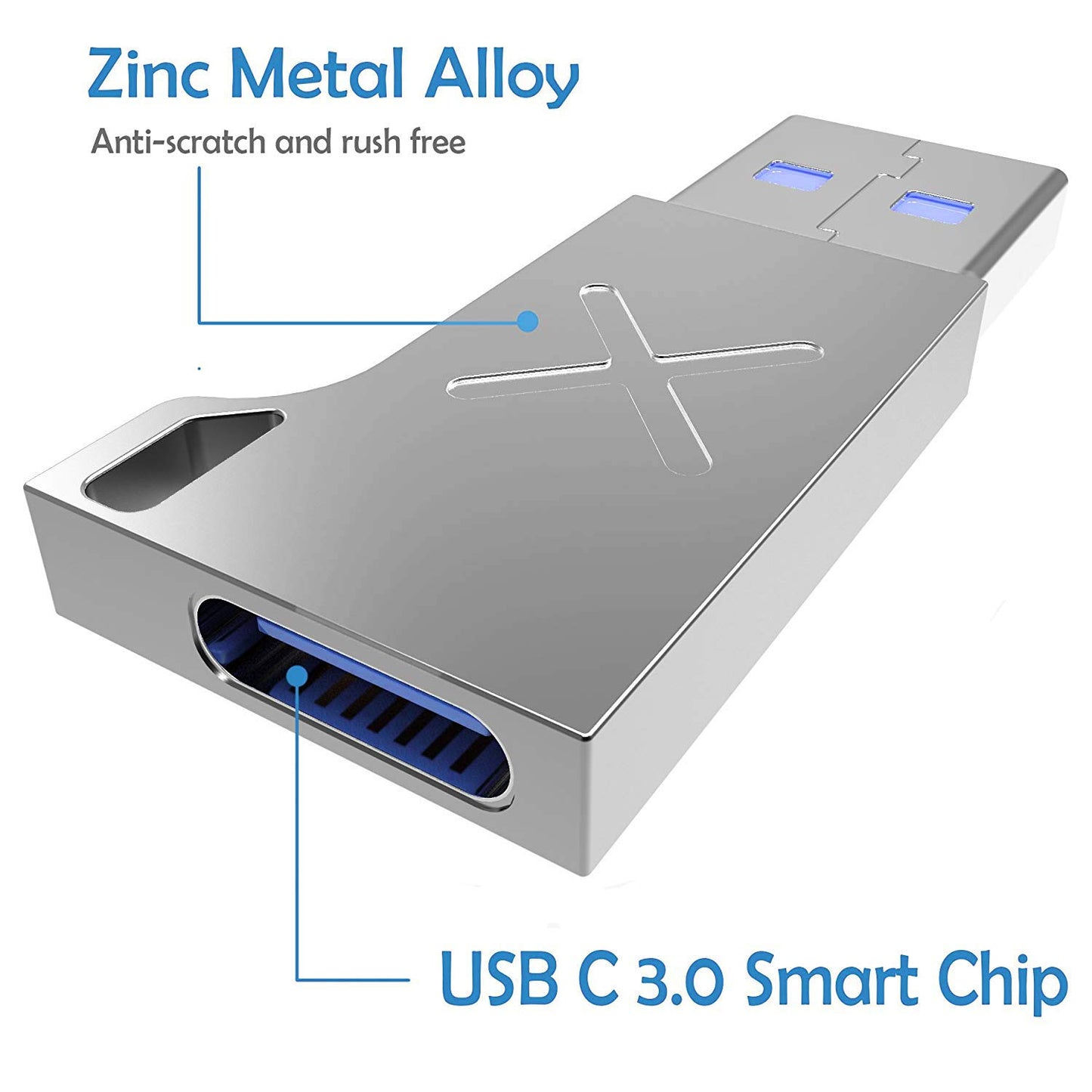 USB-A to USB-C 3.1 Gen1 Adapter, Zinc Metal Alloy, 5Gbps Data Transfer and Charging for Laptops, Smartphones and Tablets, Silver