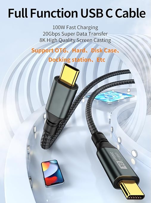 USB-C 3.2 Gen2 20Gbps PD 100W 8K Fast Charging Nylon USB-C to USB-C 1M/2M