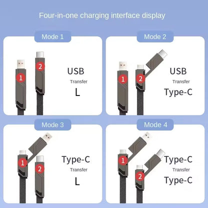 4 in 1 Usb Cable 3A Fast Charging Data Cable Zinc Alloy Usb C to C PD 65W Super Fast Charger Cable (1m/2m)