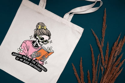 Book Lovers Tote Bag – “Judging Men by the Standards of My Book Boyfriends” | Aesthetic Reading Tote