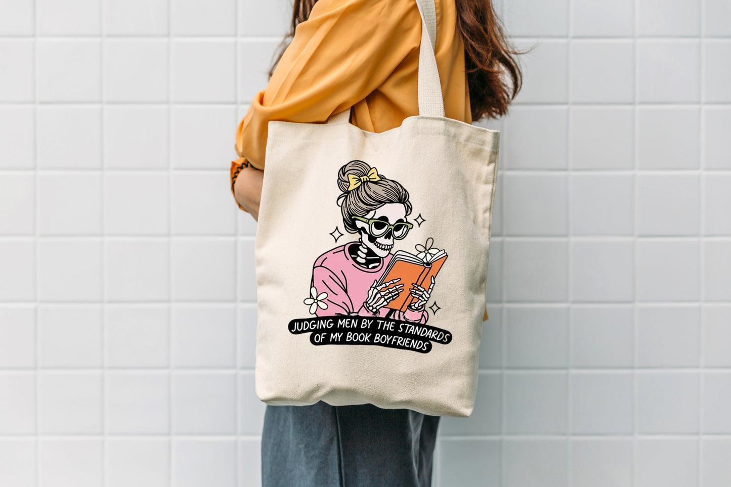 Book Lovers Tote Bag – “Judging Men by the Standards of My Book Boyfriends” | Aesthetic Reading Tote