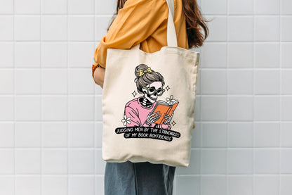 Book Lovers Tote Bag – “Judging Men by the Standards of My Book Boyfriends” | Aesthetic Reading Tote