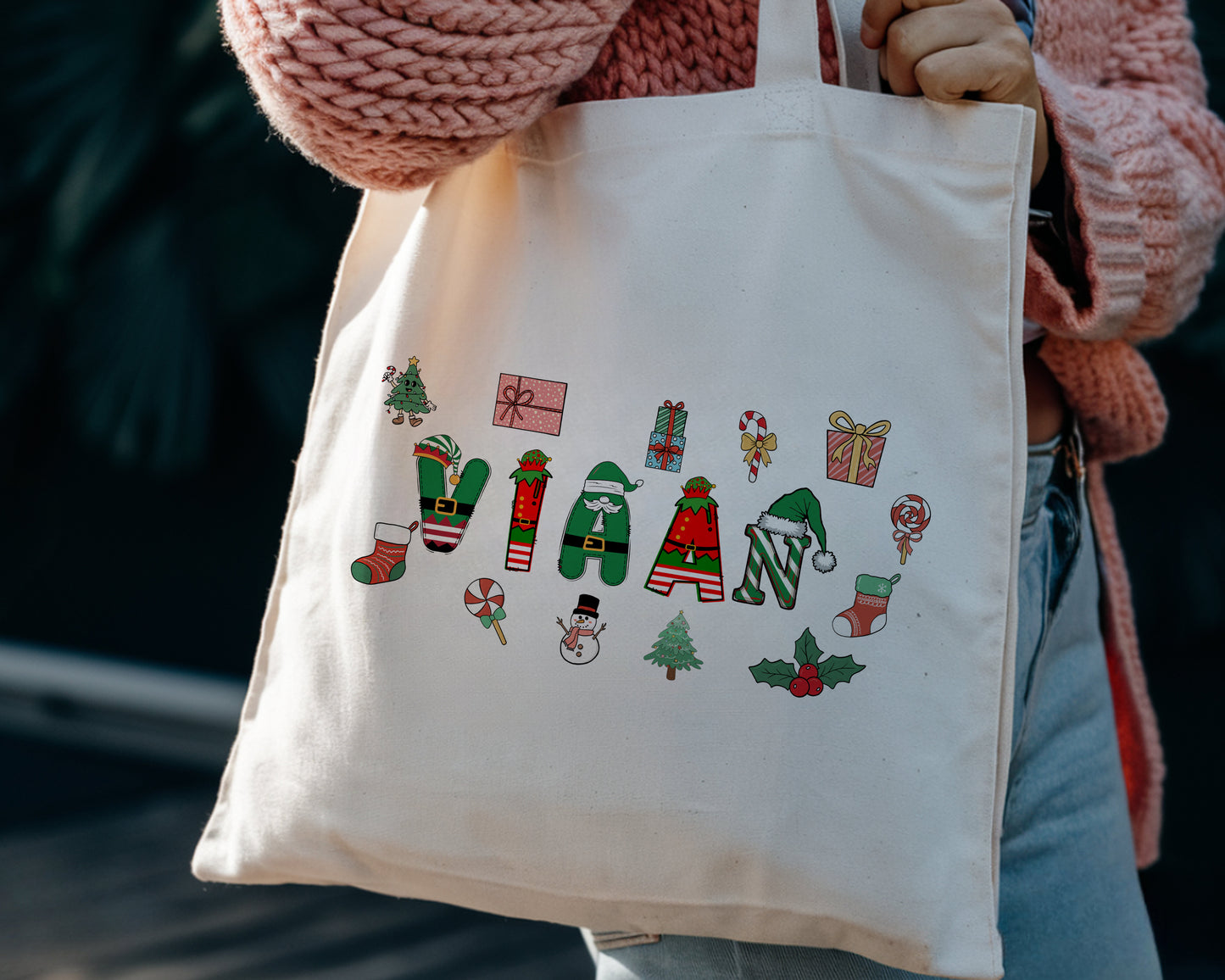 Personalised Christmas Tote Bag – Custom Name Holiday Gift Bag | 38×35cm Canvas Tote