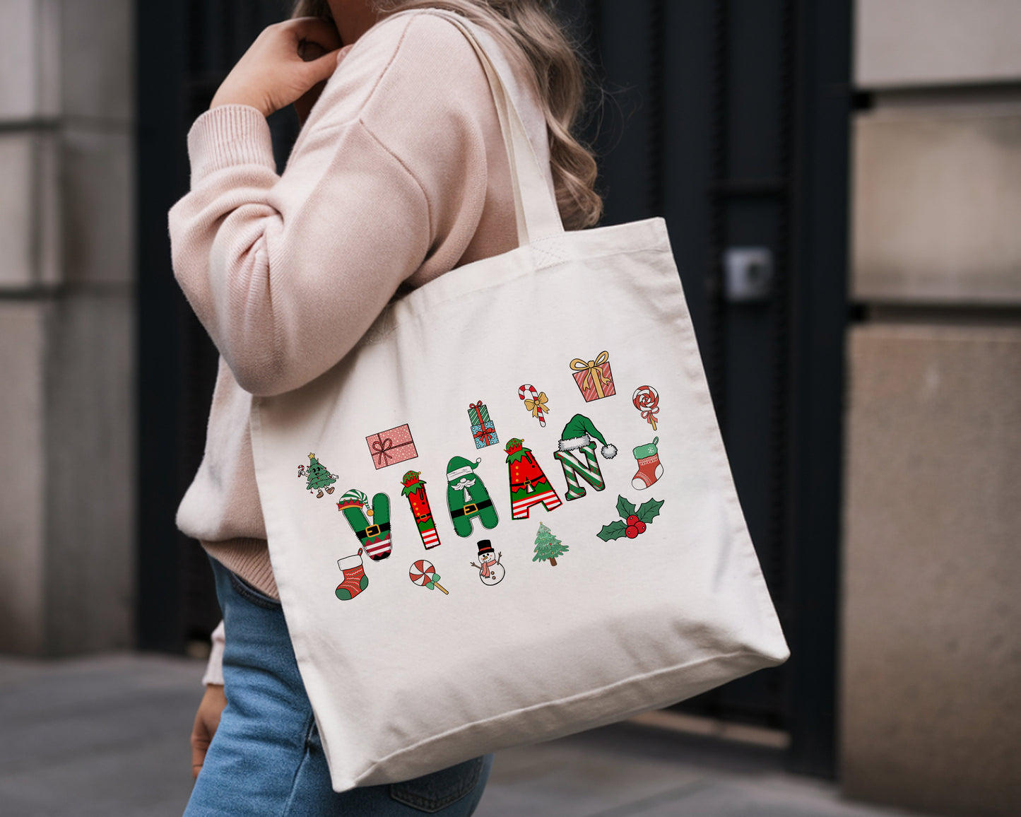 Personalised Christmas Tote Bag – Custom Name Holiday Gift Bag | 38×35cm Canvas Tote