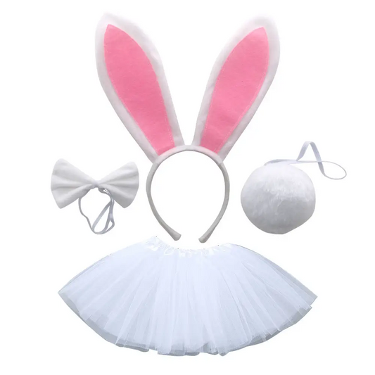 Kids Bunny Costume Set, 4 Pieces, White Tutu Skirt with Ears Headband, Bow Tie and Tail