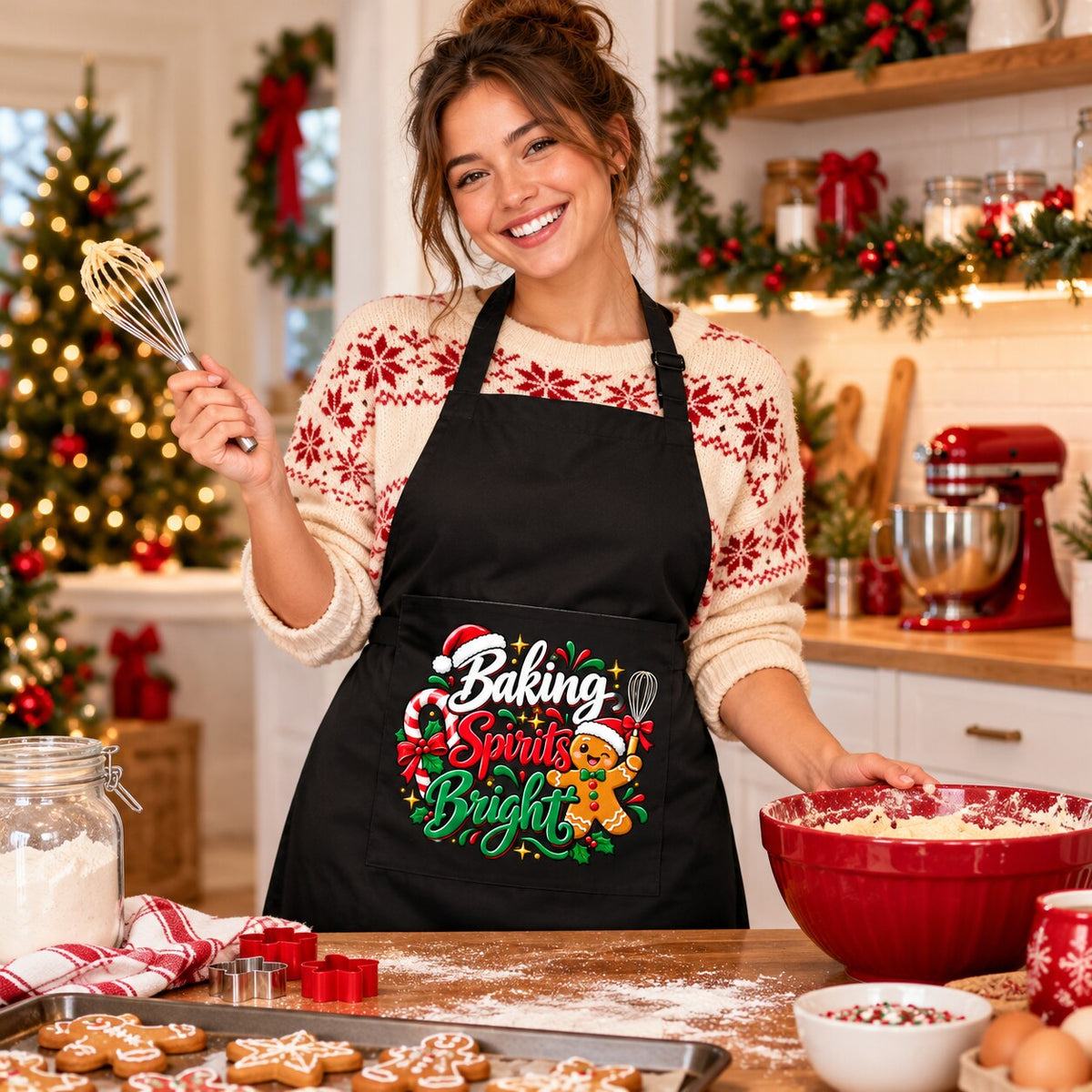 Woman baking wearing the Baking Spirits Bright apron