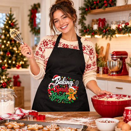 Woman baking wearing the Baking Spirits Bright apron
