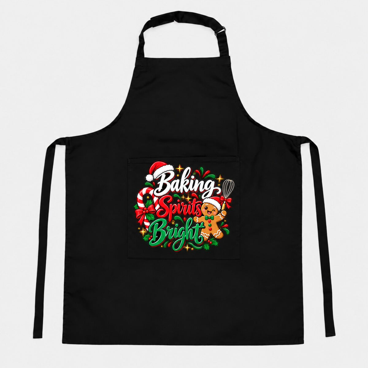 Black Christmas apron with Baking Spirits Bright design