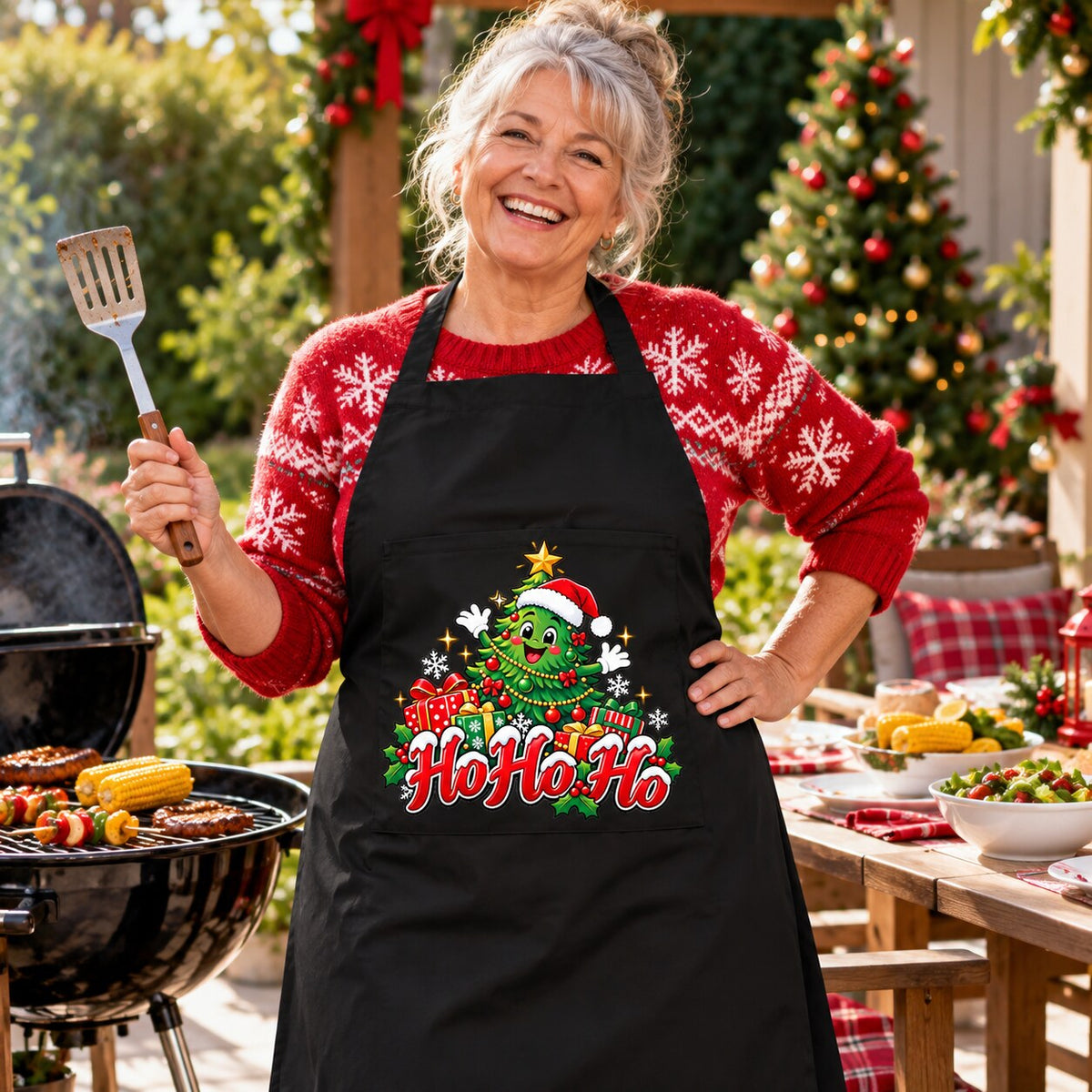 Christmas BBQ wearing the Ho Ho Ho apron