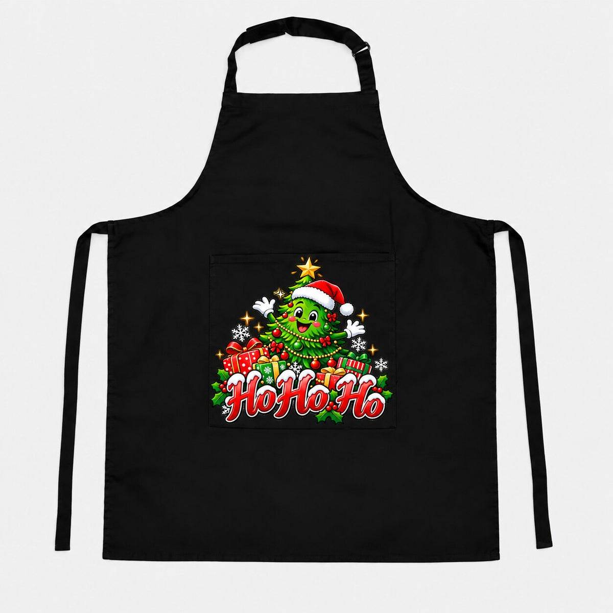 Black Christmas apron with Ho Ho Ho Christmas tree design