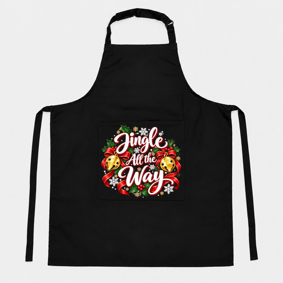 Black Christmas apron with Jingle All the Way design