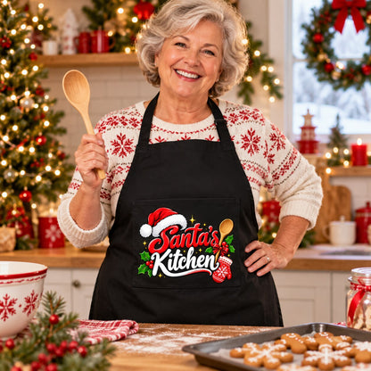 Nan in a Christmas kitchen wearing the Santa's Kitchen apron