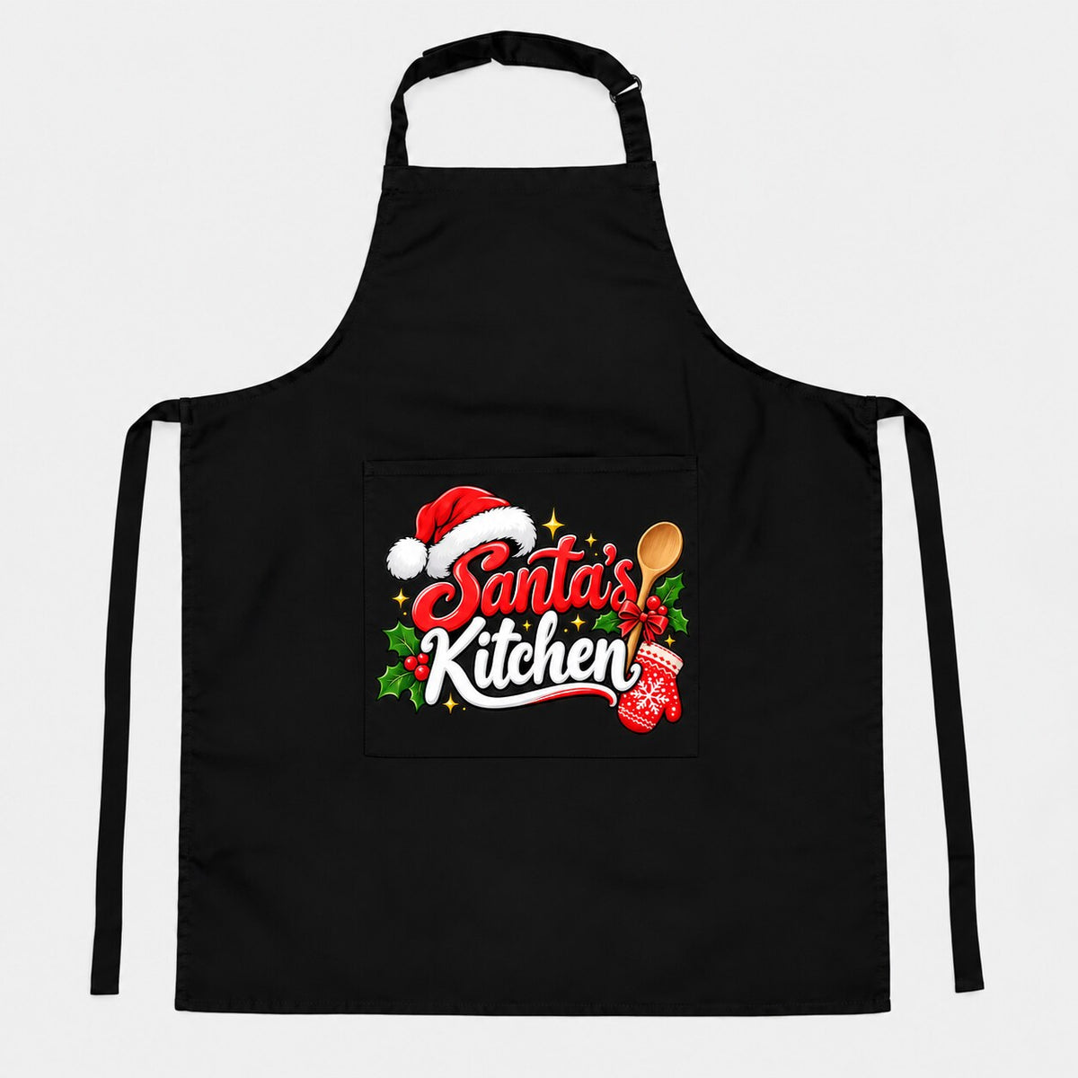 Black Christmas apron with Santa's Kitchen design