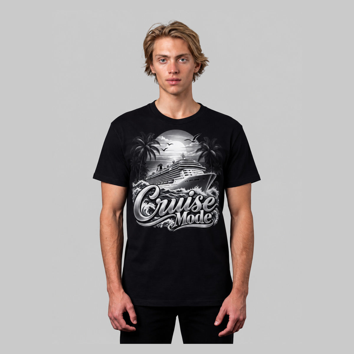Cruise Mode cruise ship t-shirt in black, front view