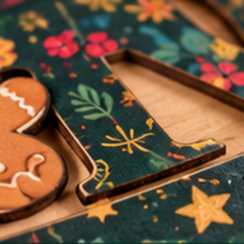 Close-up of the forest green Christmas pattern over the letter