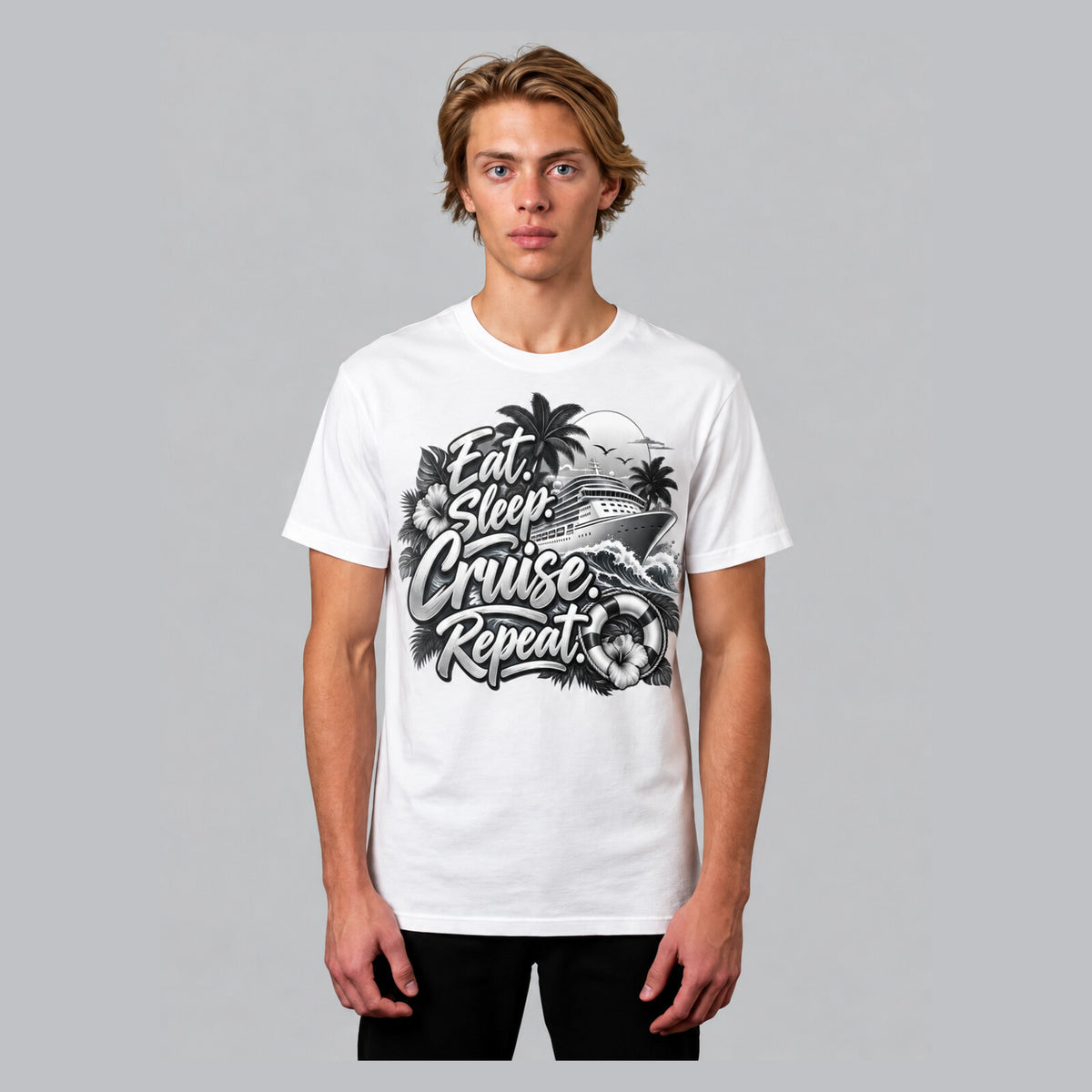 Eat Sleep Cruise Repeat t-shirt in white, front view
