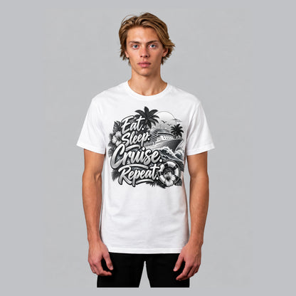 Eat Sleep Cruise Repeat t-shirt in white, front view