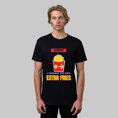 Extra Fries funny gym t-shirt in black, front view