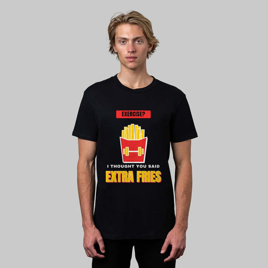 Extra Fries funny gym t-shirt in black, front view