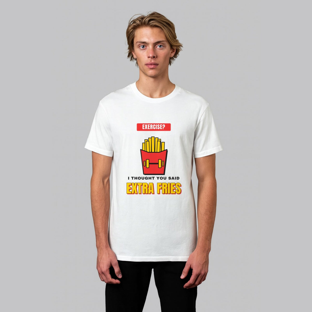 Extra Fries funny gym t-shirt in white, front view