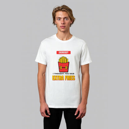 Extra Fries funny gym t-shirt in white, front view