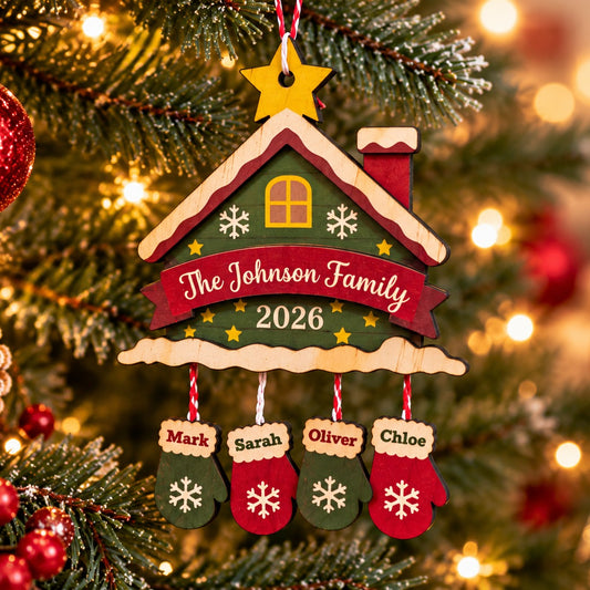 Personalised family Christmas ornament 2026 with family names on mittens, hanging on a Christmas tree