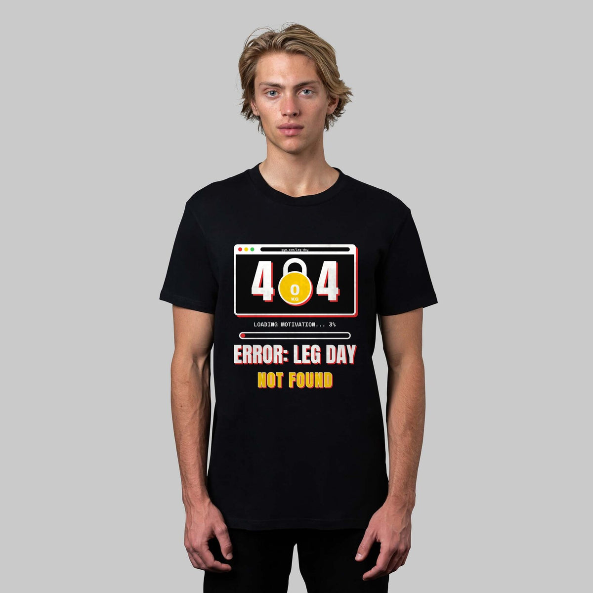 Leg Day 404 funny gym t-shirt in black, front view
