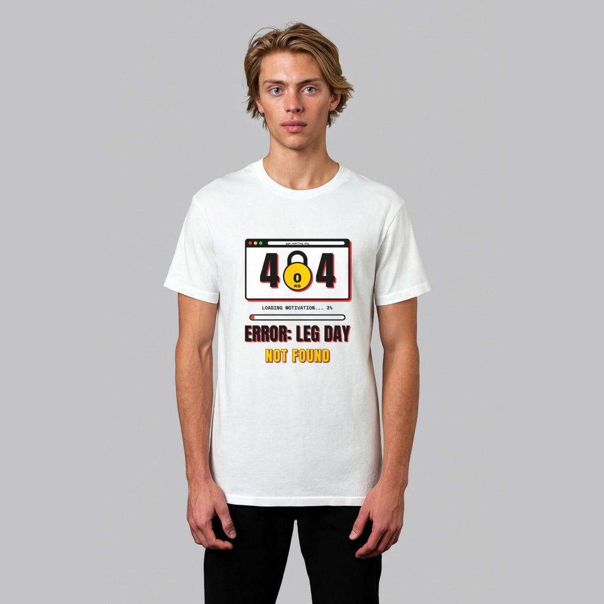 Leg Day 404 funny gym t-shirt in white, front view