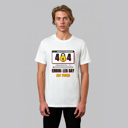 Leg Day 404 funny gym t-shirt in white, front view