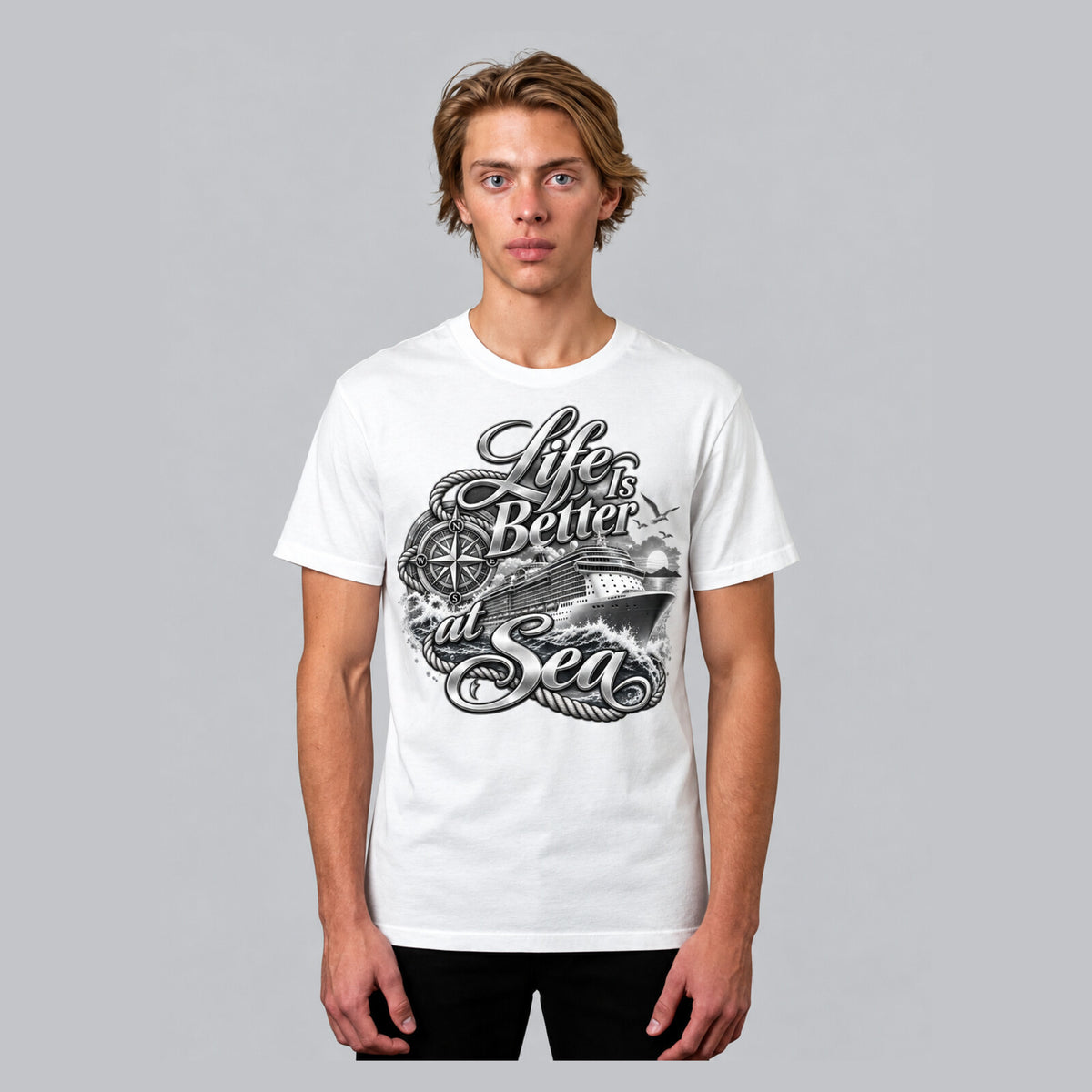 Life Is Better at Sea cruise ship t-shirt in white, front view