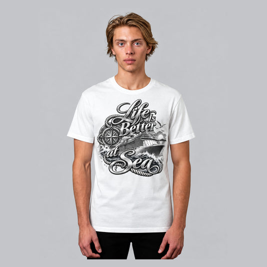 Life Is Better at Sea cruise ship t-shirt in white, front view