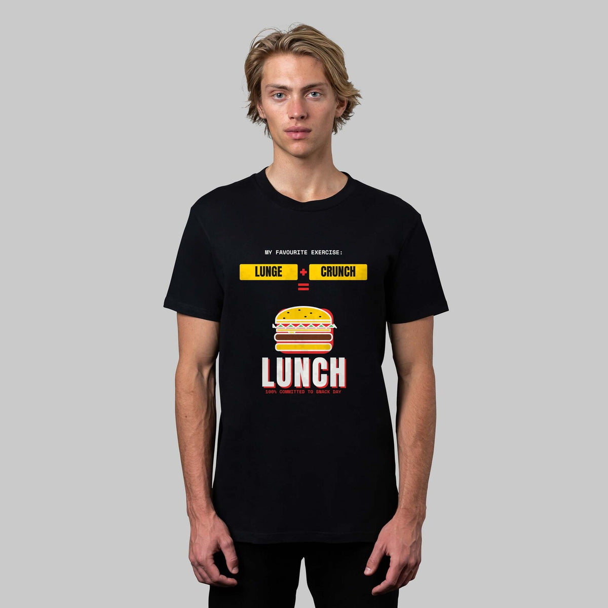 Lunge + Crunch = Lunch funny gym t-shirt in black, front view
