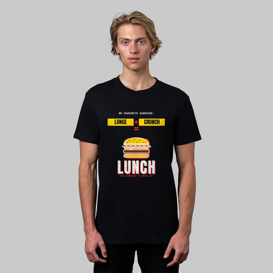 Lunge + Crunch = Lunch funny gym t-shirt in black, front view