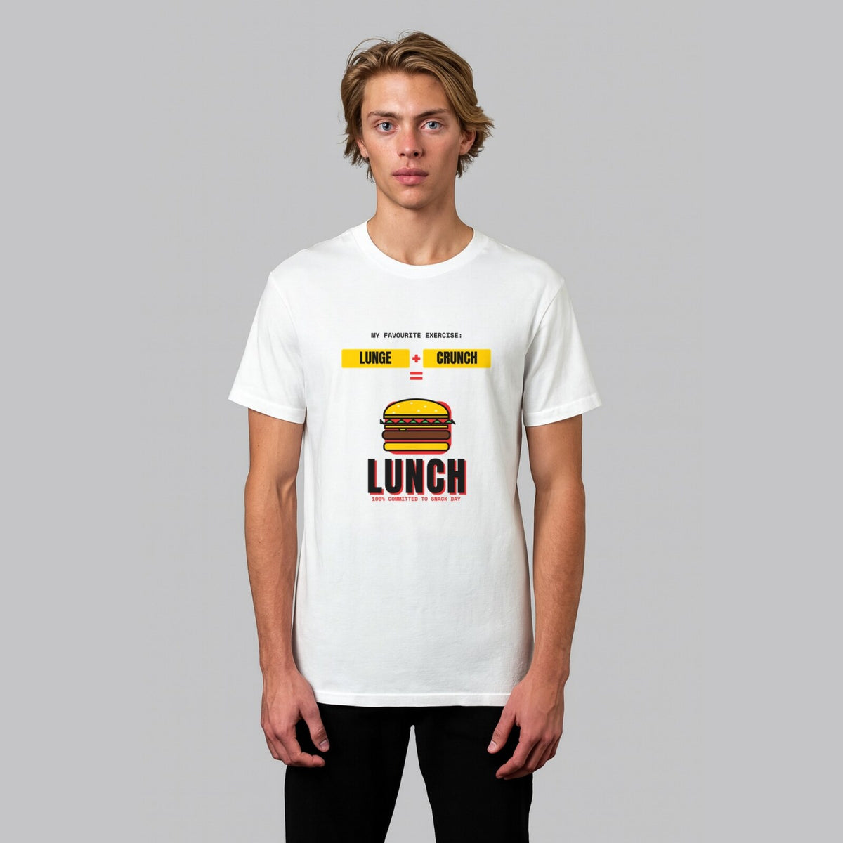Lunge + Crunch = Lunch funny gym t-shirt in white, front view