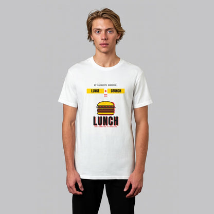 Lunge + Crunch = Lunch funny gym t-shirt in white, front view