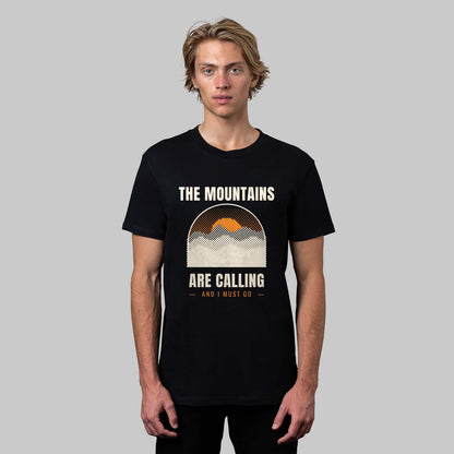 The Mountains Are Calling hiking t-shirt in black, front view