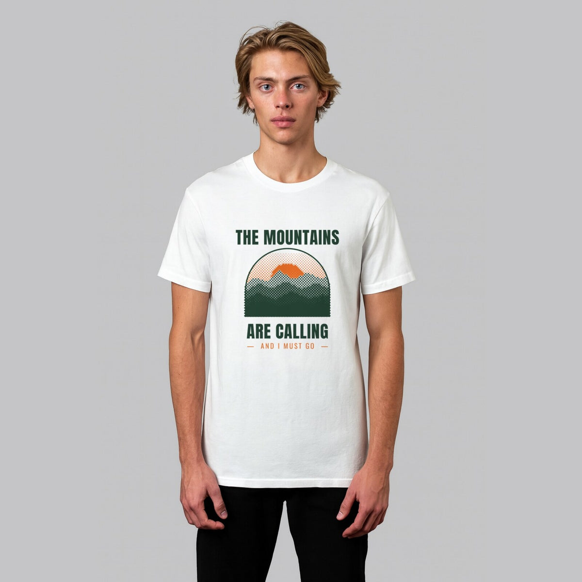 The Mountains Are Calling hiking t-shirt in white, front view