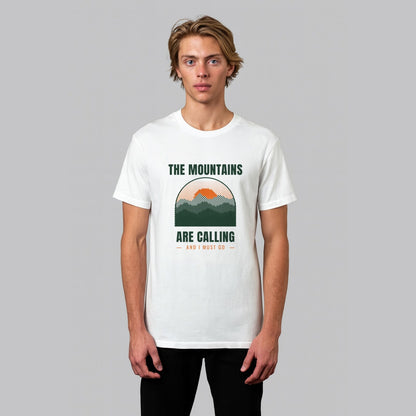 The Mountains Are Calling hiking t-shirt in white, front view